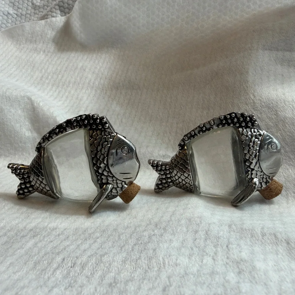 Vintage Silver Tone Metal and Glass Fish Salt and Pepper Shaker Set with Corks